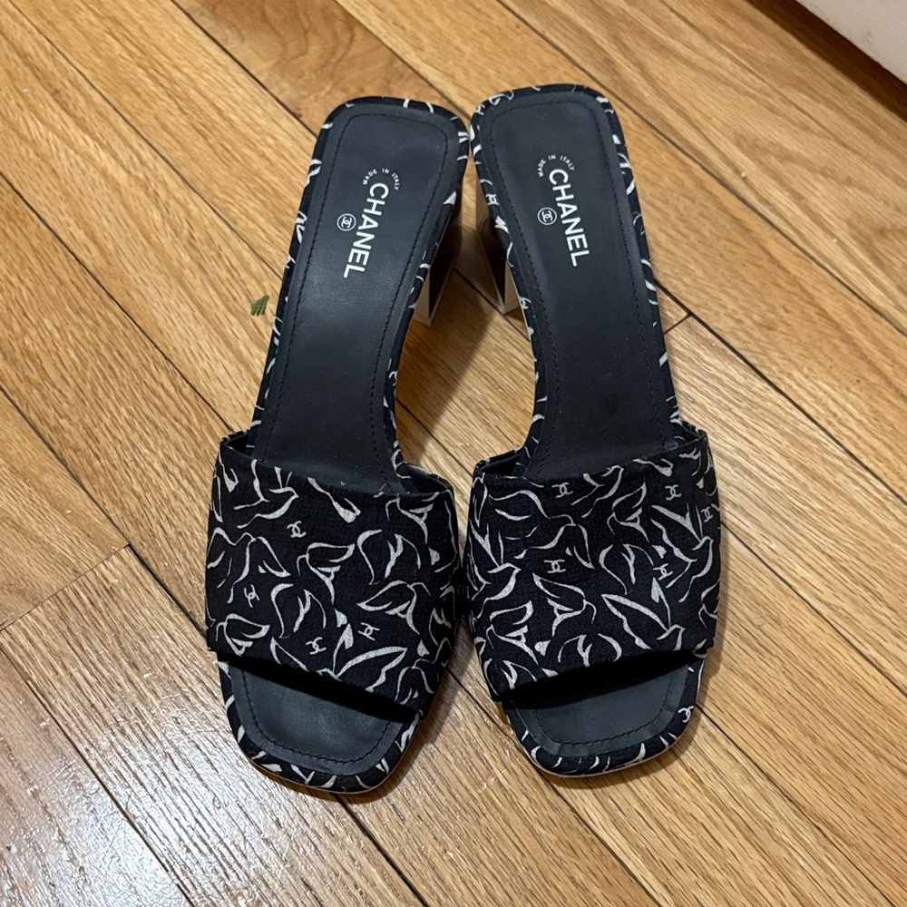 Chanel Black and White Patterned Mules